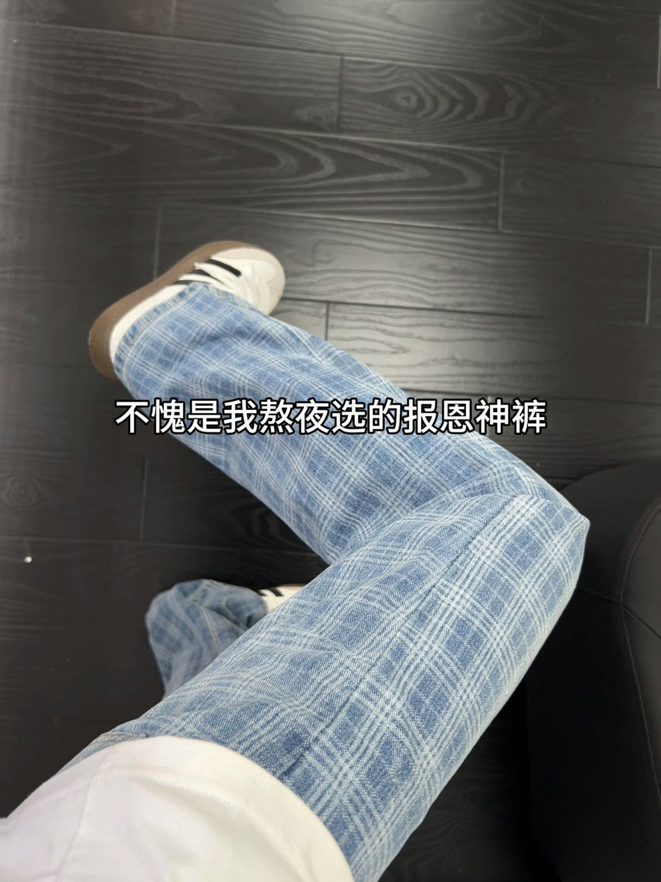 Blue Plaid Retro Men’s Wide-Leg Cargo Jeans