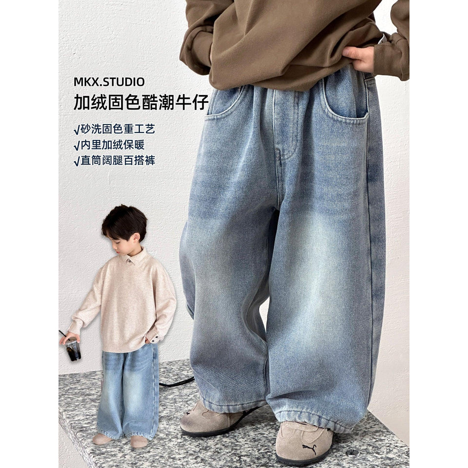 Boys’ Fleece-Lined Thick Jeans Winter Casual Pants