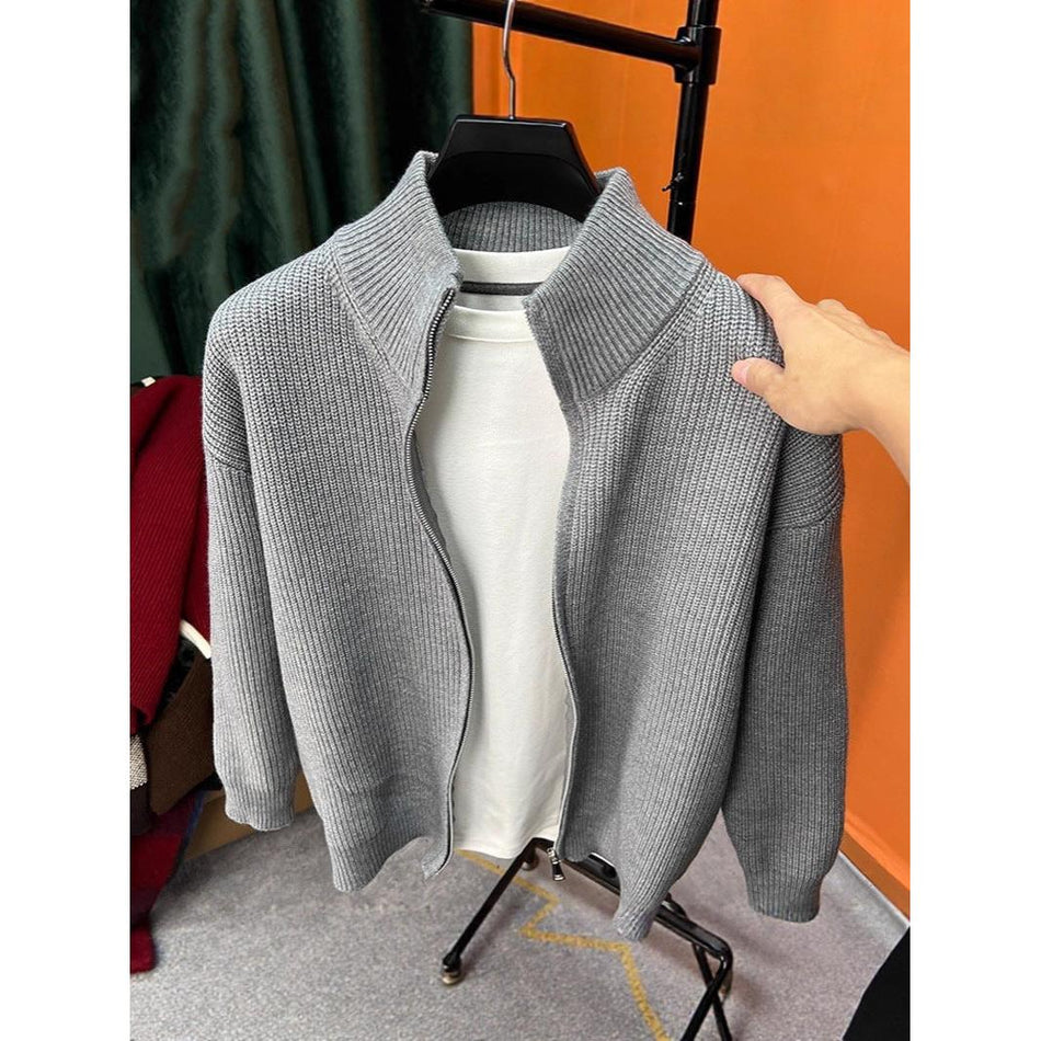 Solid Color Stand-Up Collar Men's Double Zipper Knit Jacket