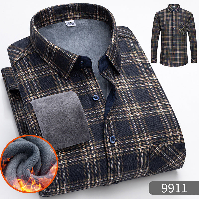 STOCK-Velvet-Lined Thick Plaid Shirt Men’s Autumn Winter Casual