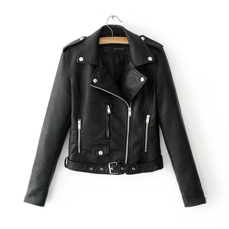 Women Korean Style PU Leather Short Slim Motorcycle Jacket
