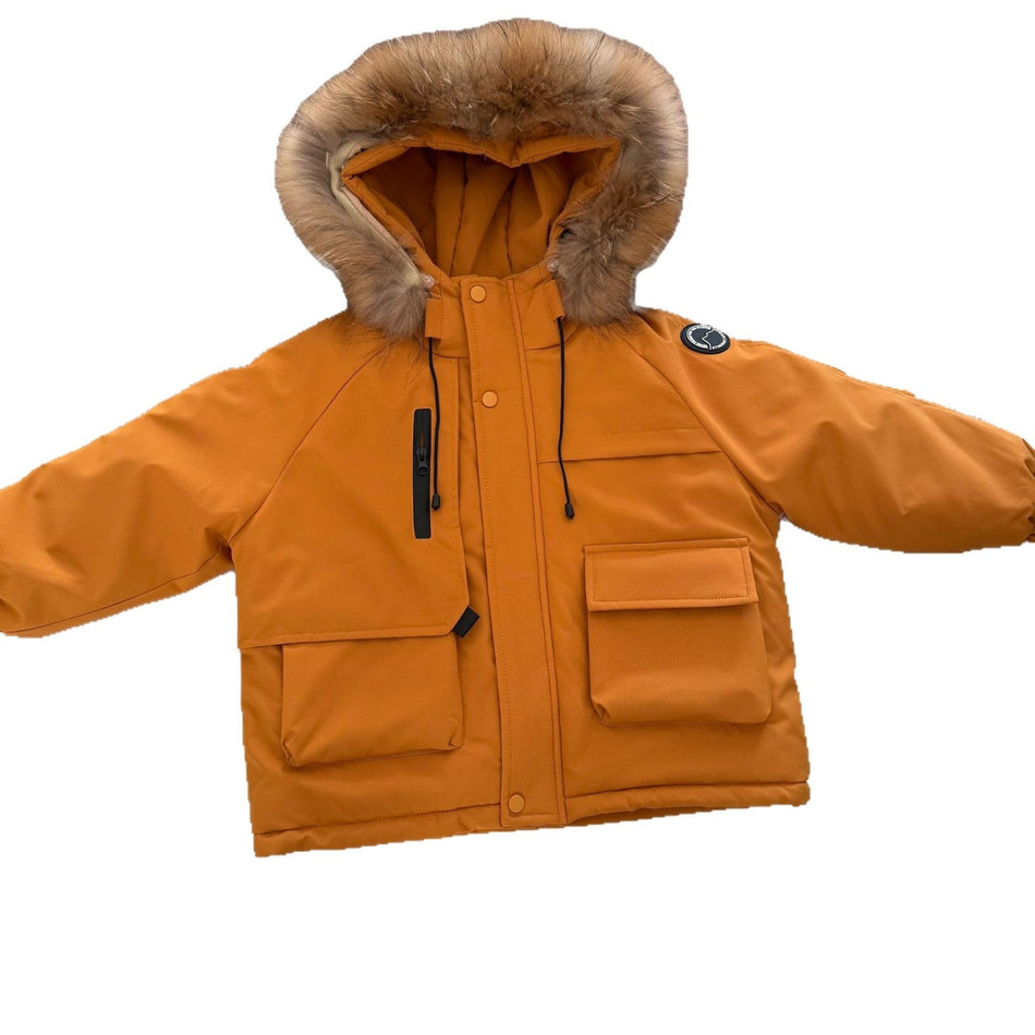 Kids Real Fur Collar Winter Parka Warm Cotton Jacket