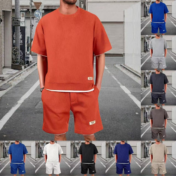 STOCK-Men’s Summer Waffle Round Neck Two-Piece Suit