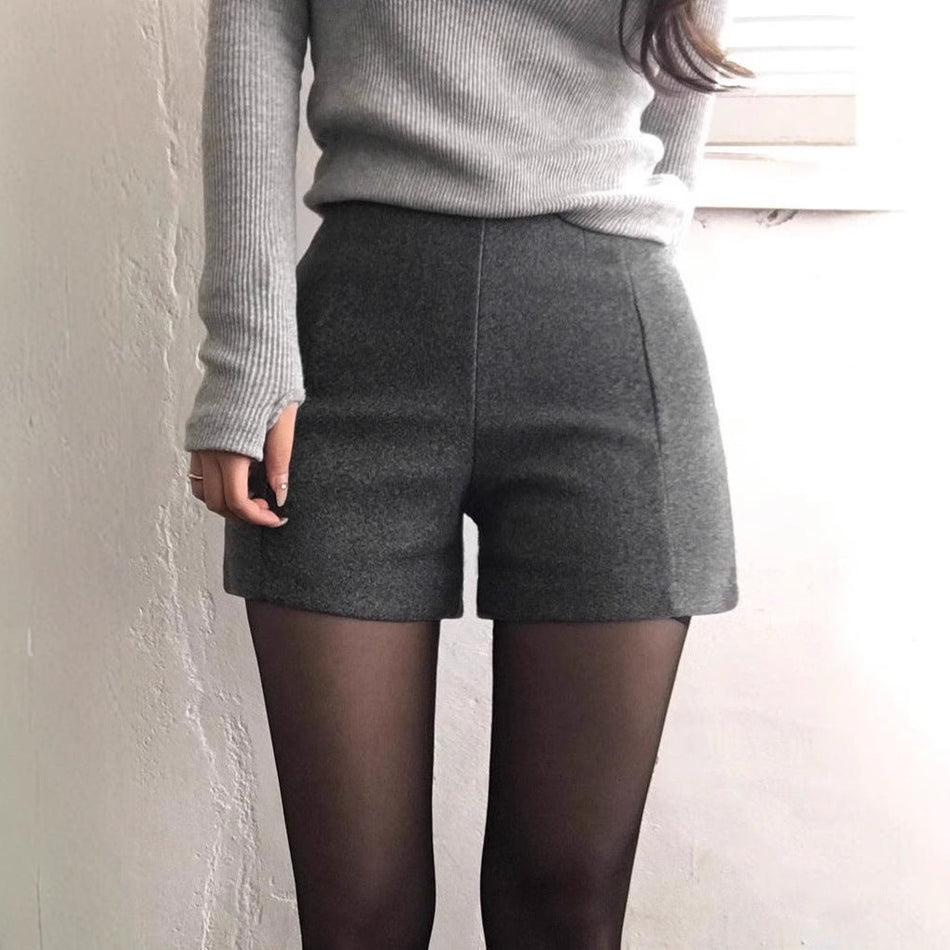 STOCK-Grey High Waist Woolen Shorts Slim Fit Winter Women