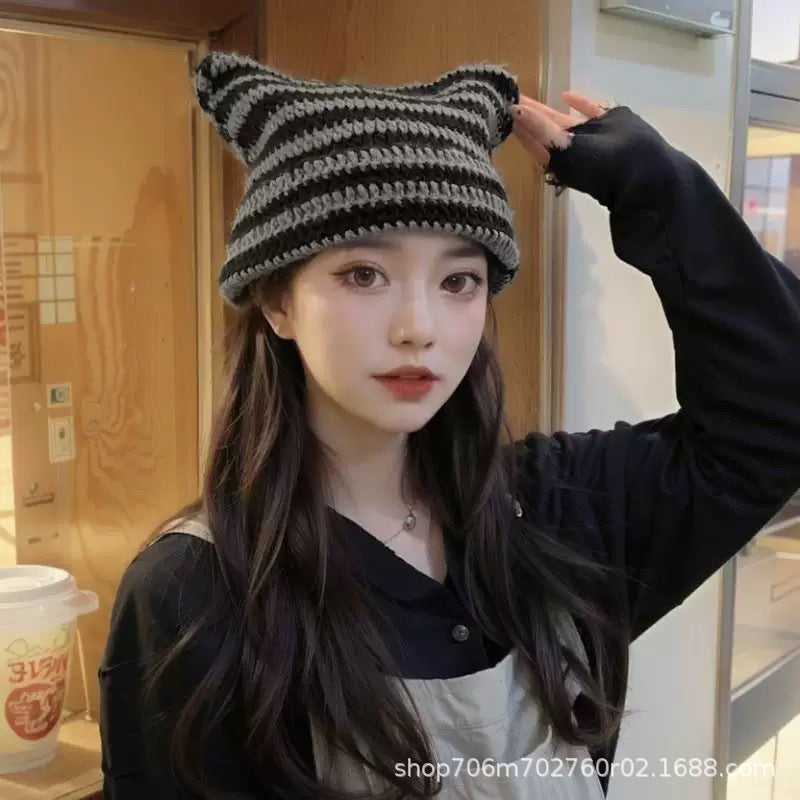 Children’s Cat Ear Striped Knitted Wool Hat Cute Style