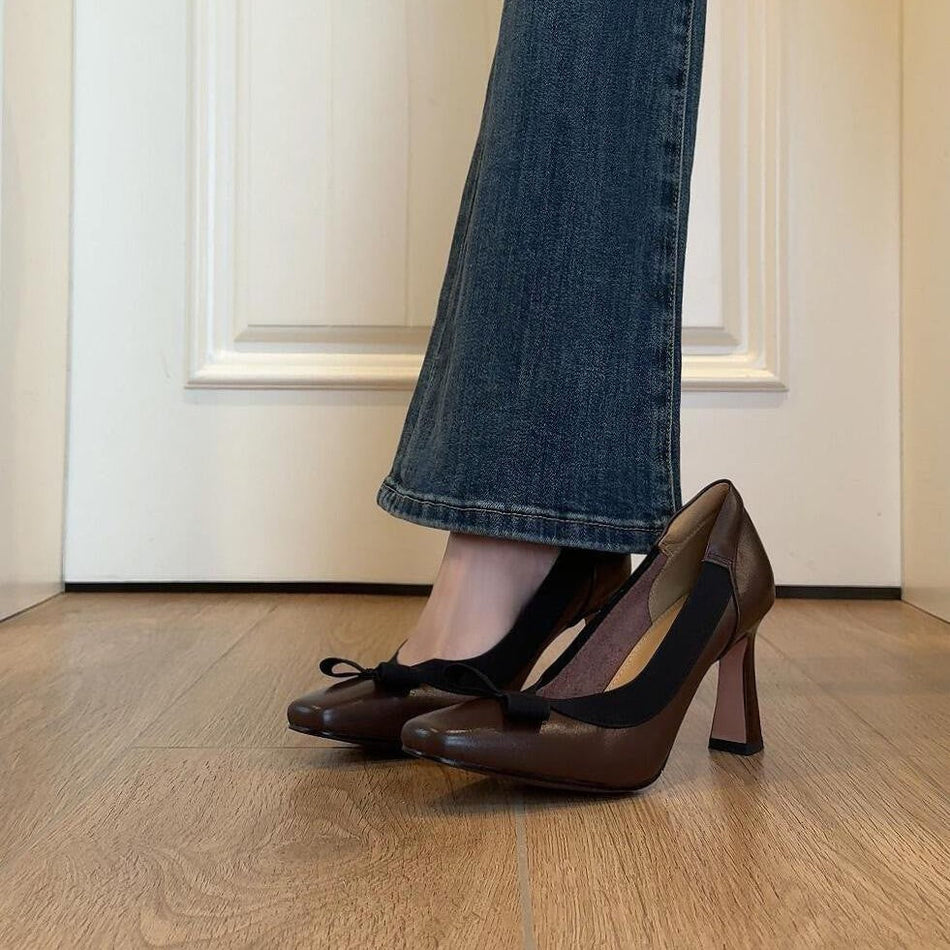 Sheepskin Bow High Heels – Retro Elegant Thick-Heel Shoes