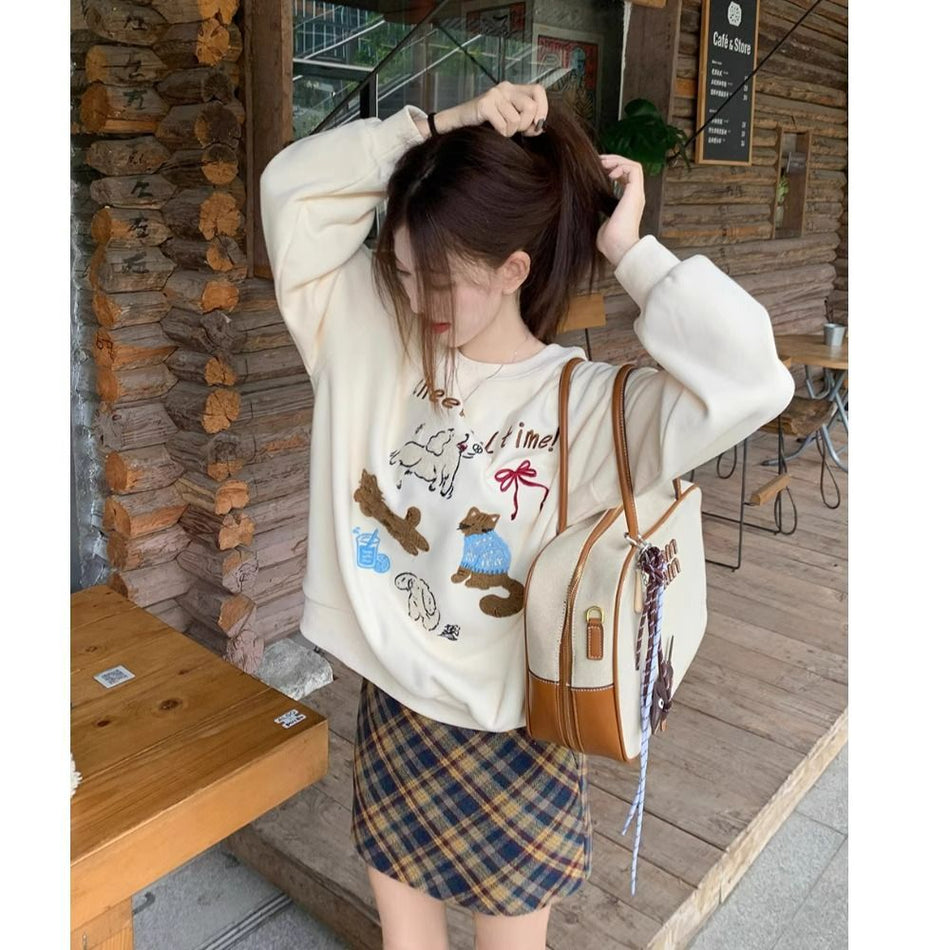 Korean Embroidered Hooded Round Neck Pullover Sweatshirt Top