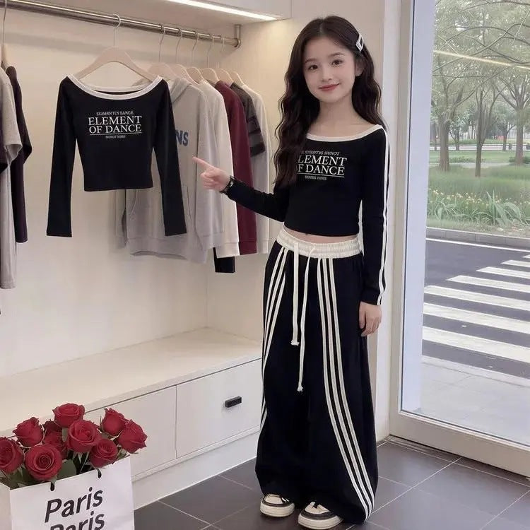 Girls Korean Style Plaid Wide-Leg Pants Two-Piece Set