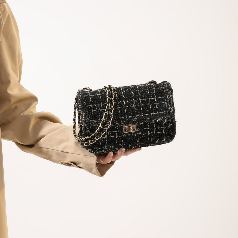 Woolen Contrast Color Plaid Chain Shoulder Bag