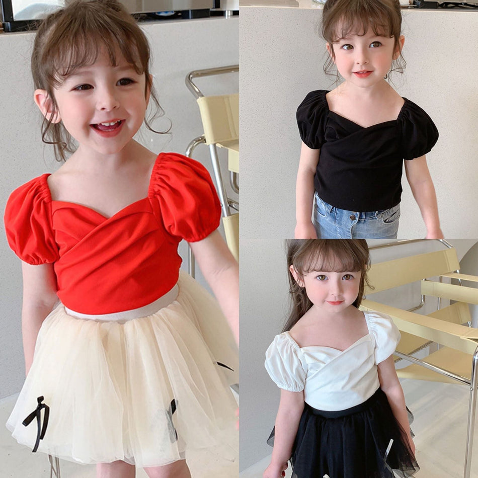 Girls' Retro Princess Sleeve T-Shirt – Summer Top (3–8 Yrs)