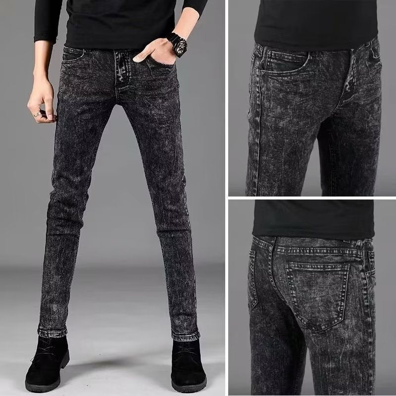 Men’s Slim Elastic Snowflake Jeans – Korean Trendy 2024