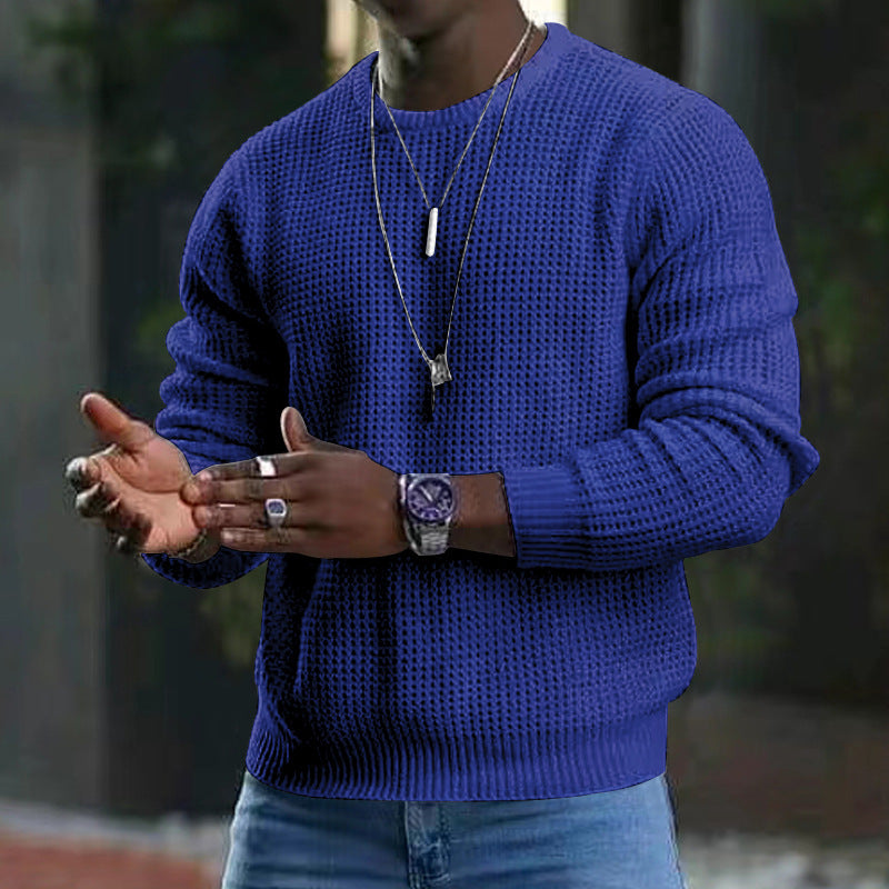 Men Solid Color Waffle Round Neck Cotton Pullover Sweater