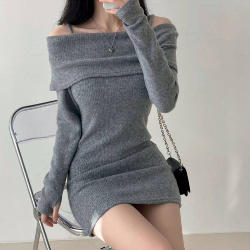 One Shoulder Knitted Slim Fit Inner Dress for Autumn Winters
