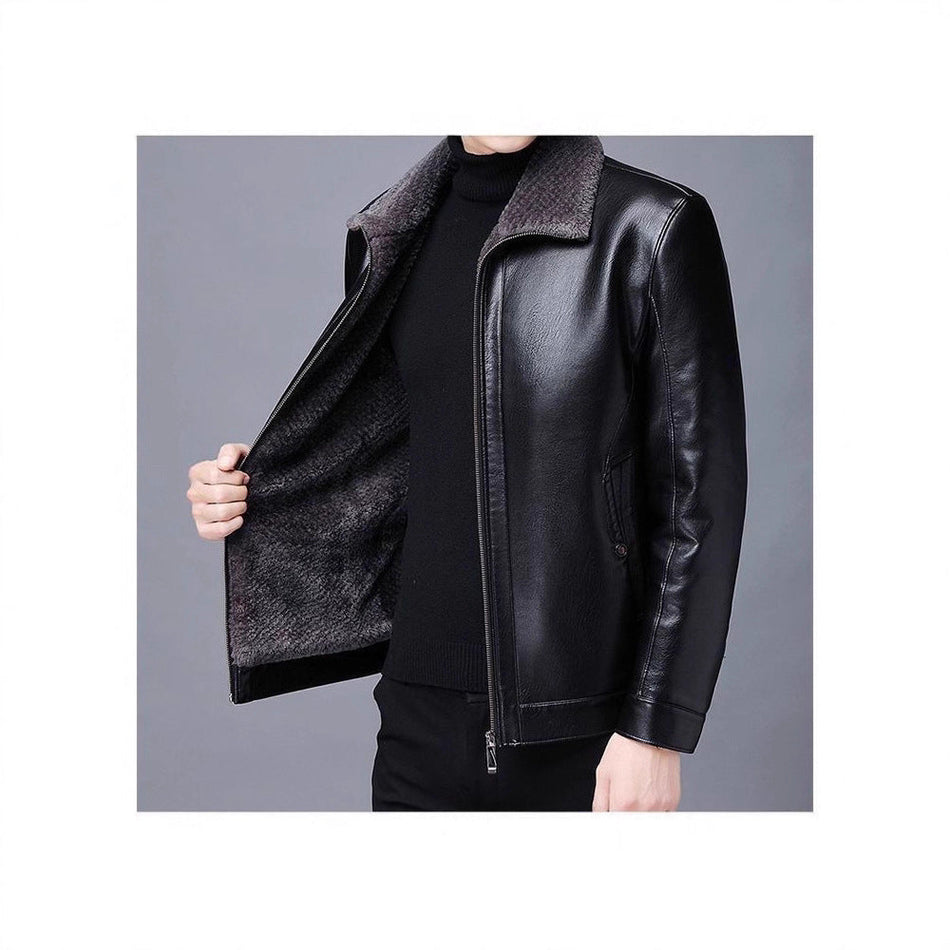 STOCK-Men’s High-End Winter Leather Jacket Plus Velvet Thick Coat