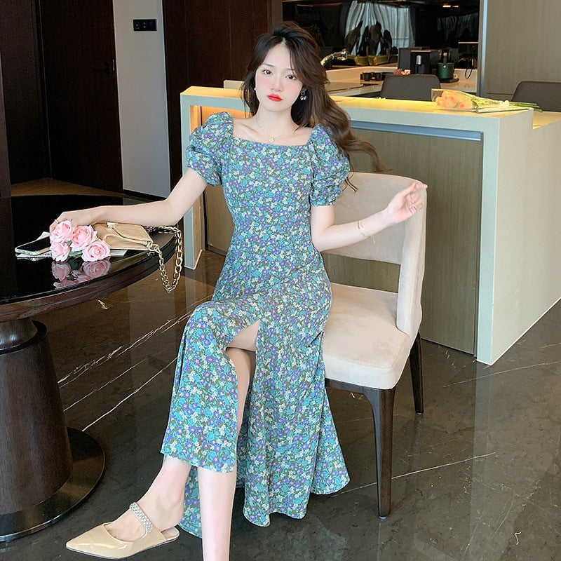 French Square Neck Floral A-Line Dress