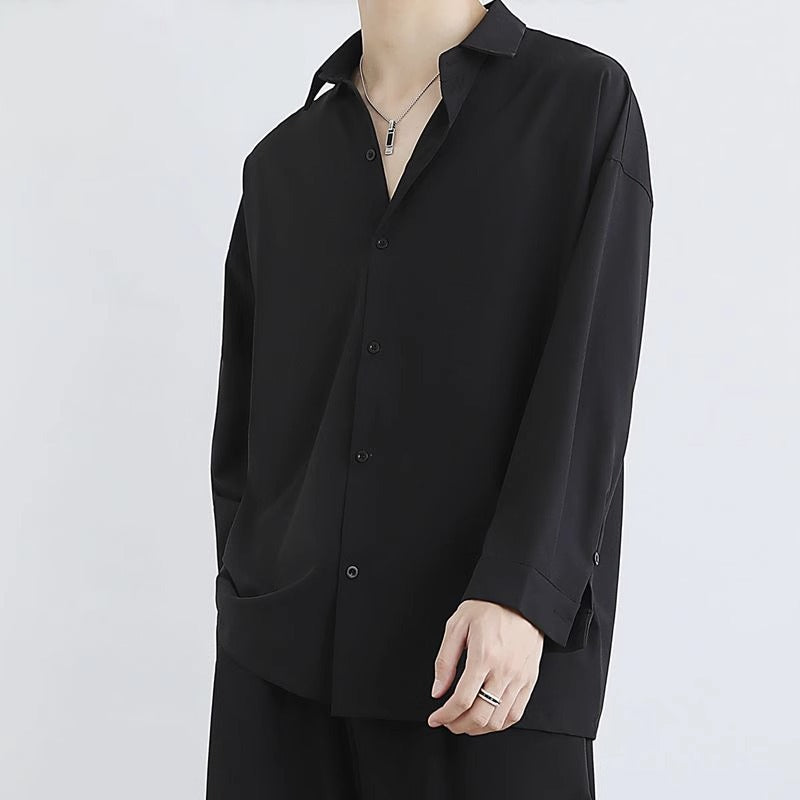 Black Draping Shirt – Loose Long Sleeve Casual Fit