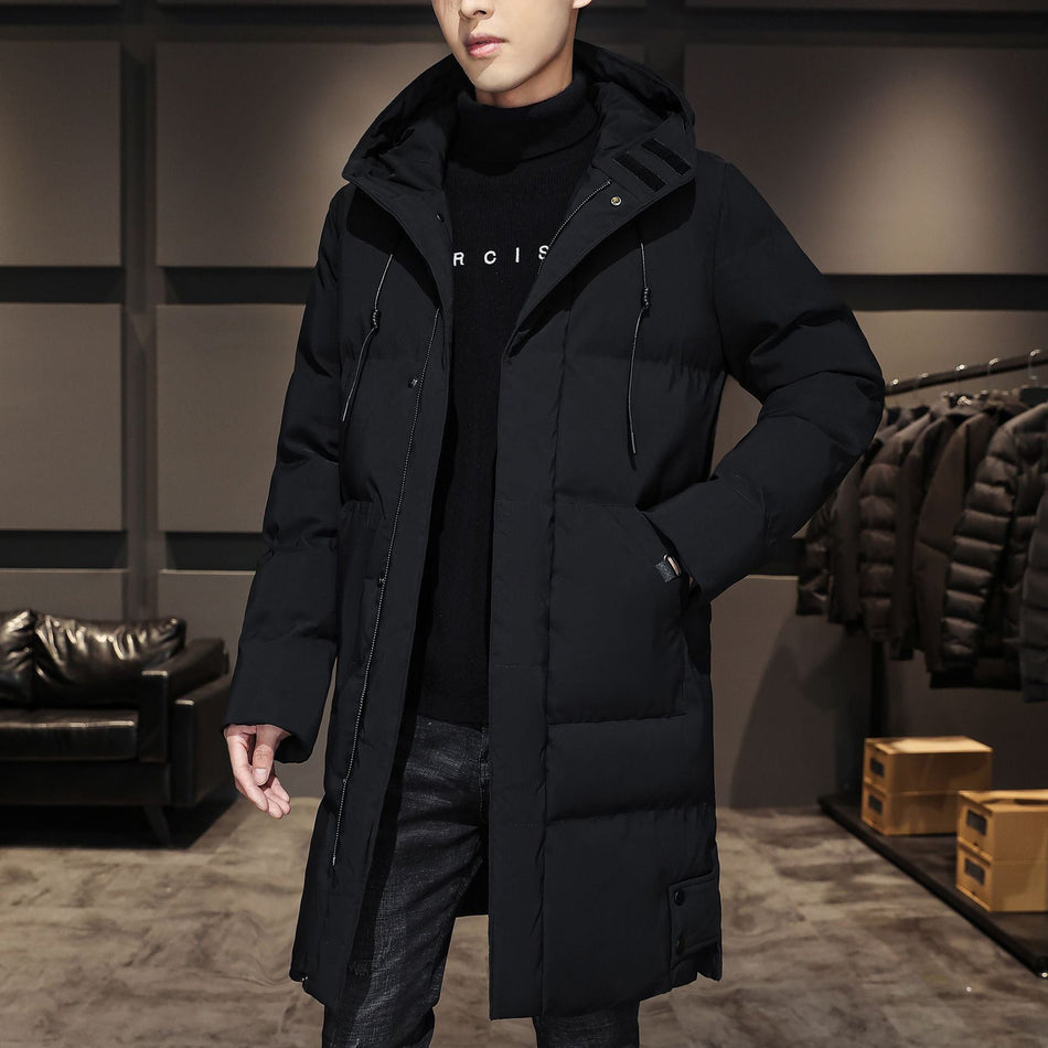 Men’s Mid-Length Cotton Jacket – Loose Hooded Warm Winter Coat