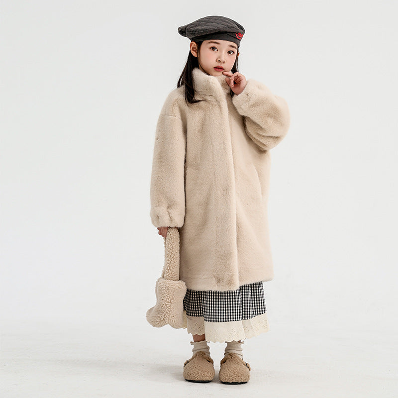 Girls Long Imitation Fur Coat Plush Thickened Warm Mink