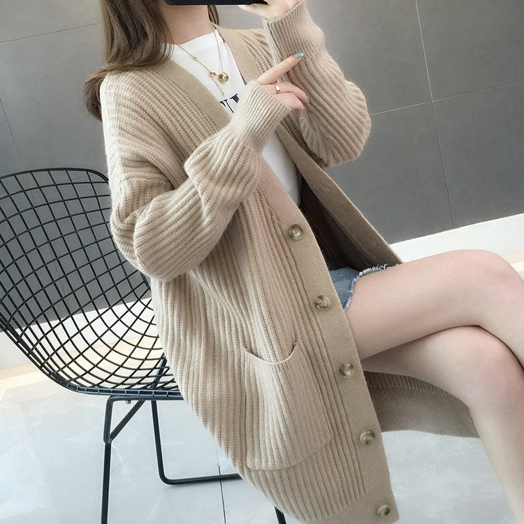Women’s 2Korean-Style Mid-Length Knit Cardigan