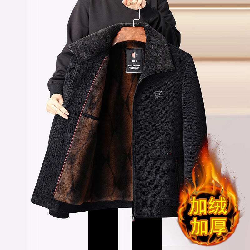 Winter Fleece-Lined Dad Coat Woolen Jacket Men Elderly