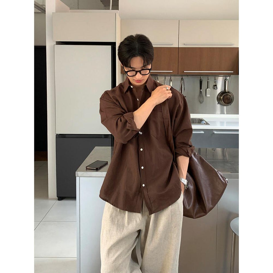 Men's Cotton Linen Solid Color Korean Long-Sleeve Jacket Shirt