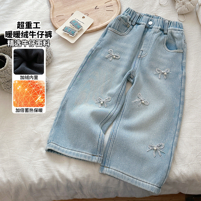 Girls Bow Fleece-Lined Straight Jeans 2025