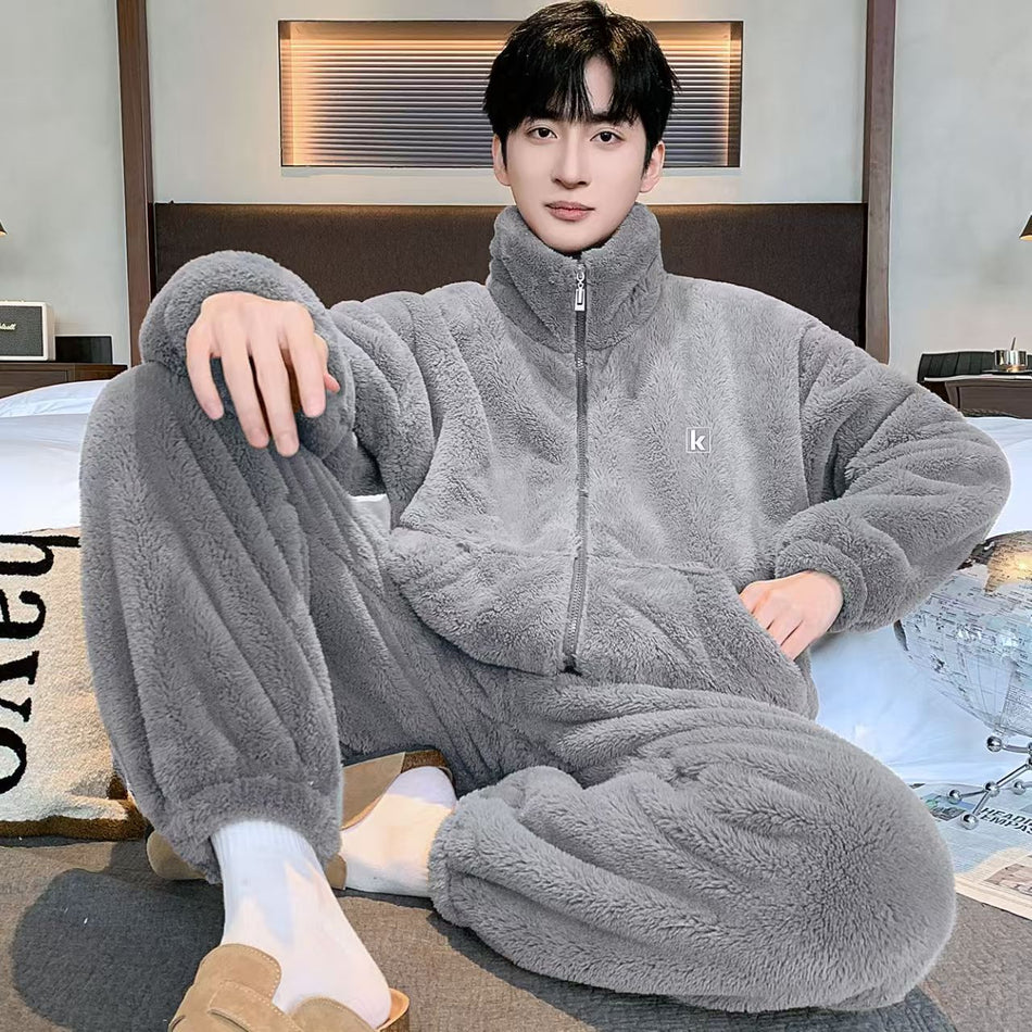 Men’s Coral Velvet Pajamas Fleece-Lined Thickened Warm Set