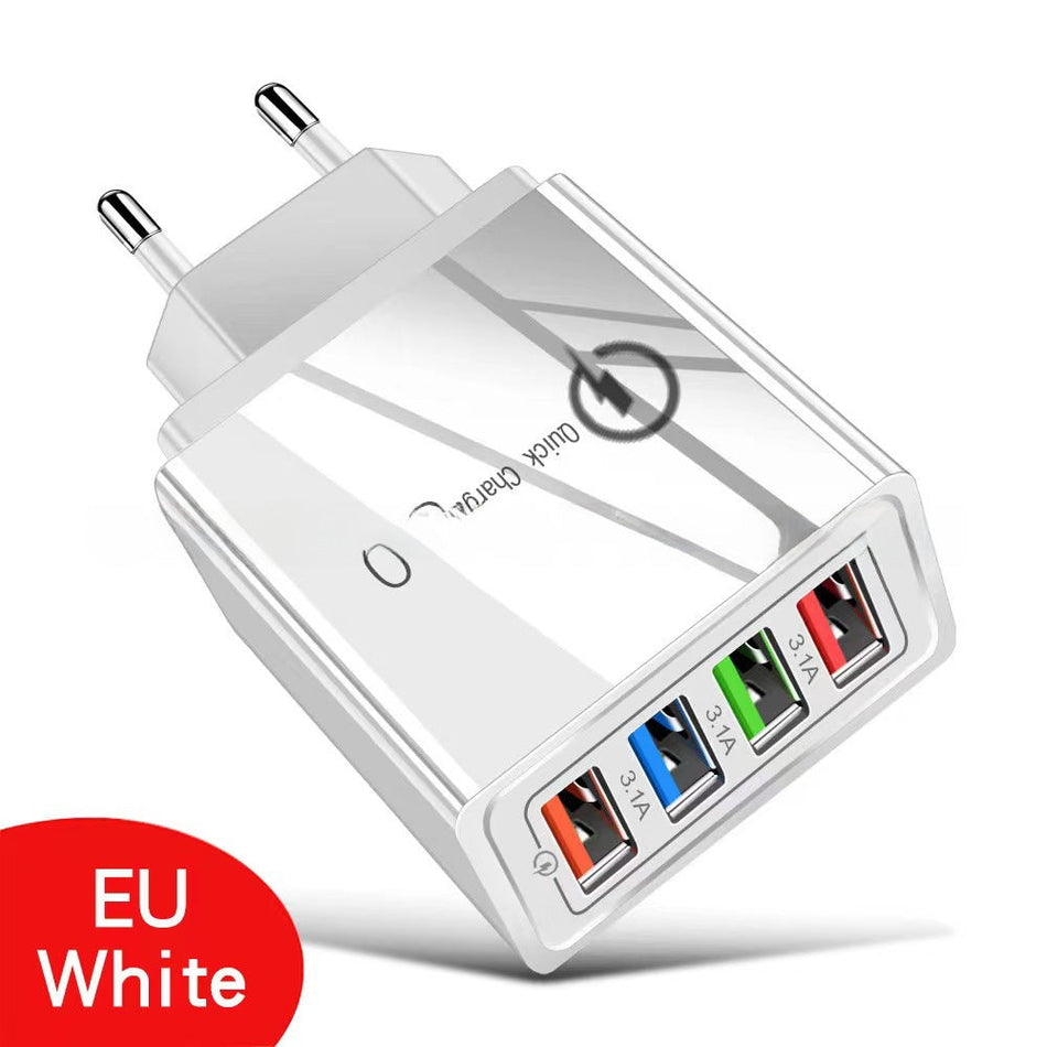 4-USB Travel Charger – UK, US, EU Plug Adapter
