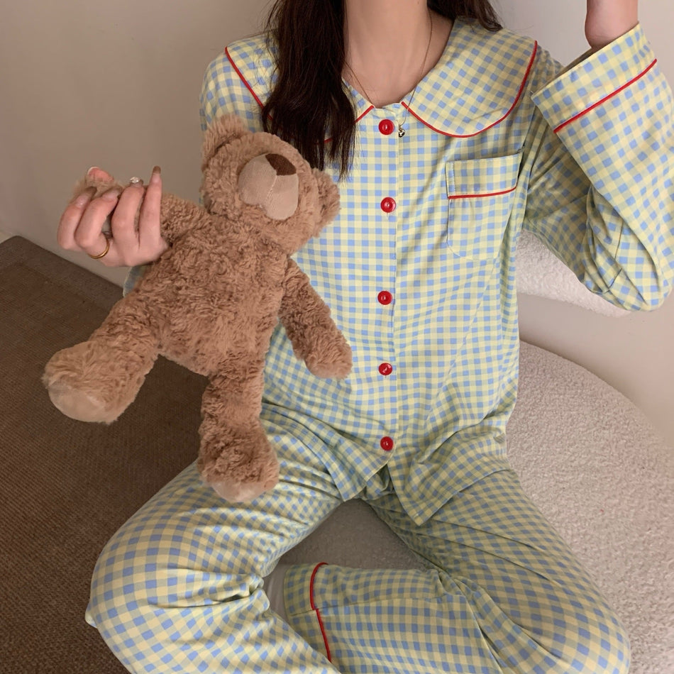 STOCK-Plaid Pajama Set – Doll Collar Long Sleeve Homewear