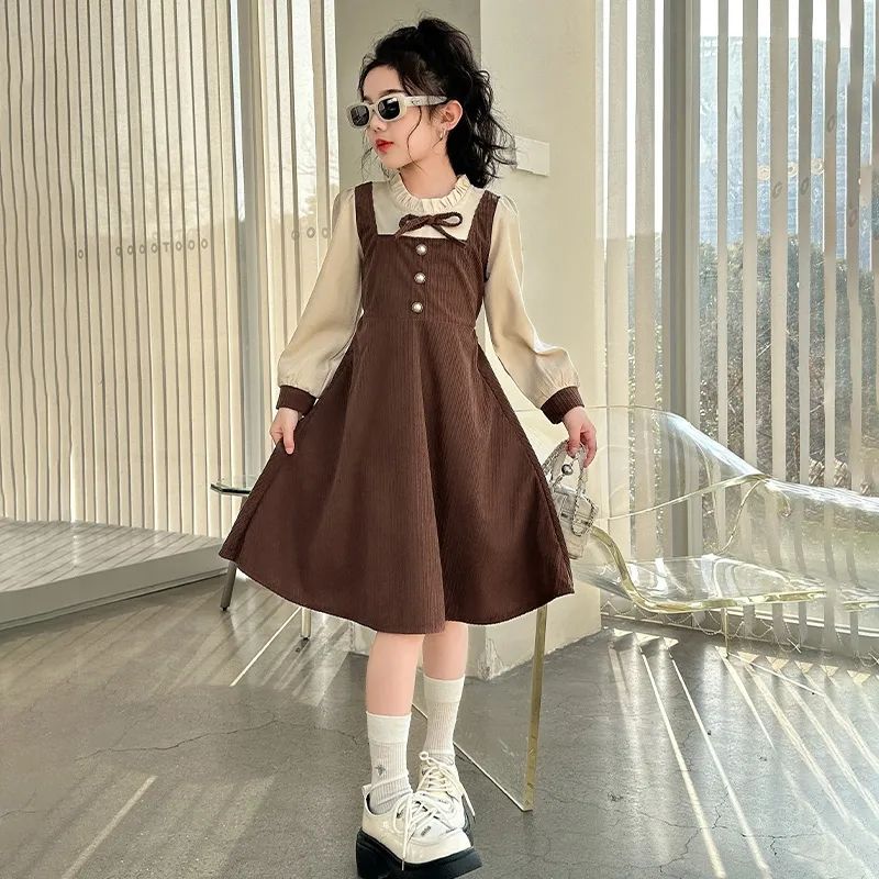 Girls’ French-Style Fake Two-Piece Dress