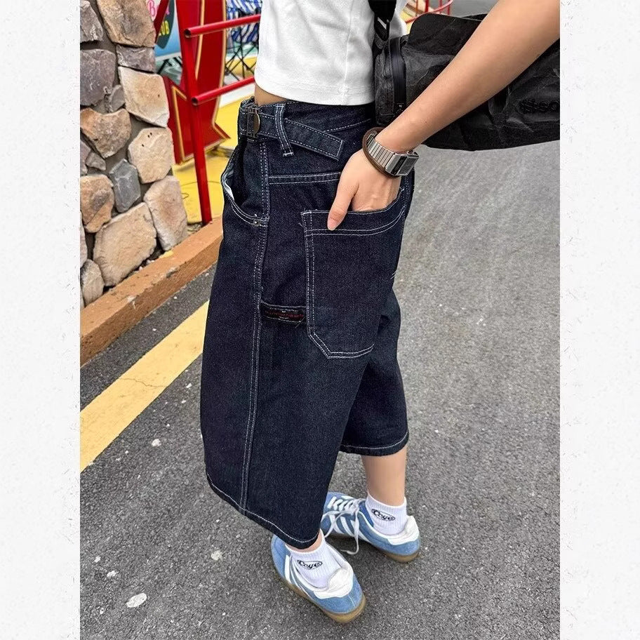 American Retro Wide-Leg Cropped Denim Pants
