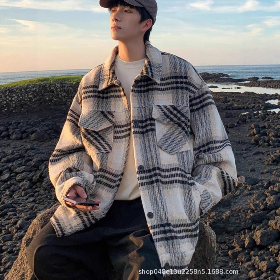 Woolen Plaid Overshirt Men’s Korean Street Style Jacket
