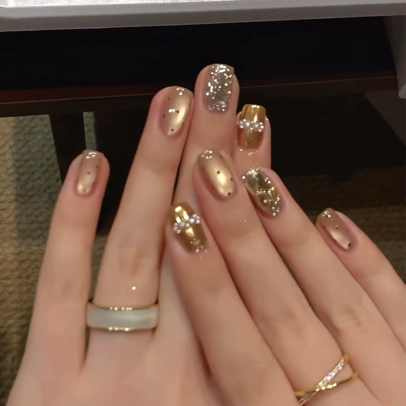 Handmade Nude Brown Polka Dot Pearl Glitter Short Fake Nails