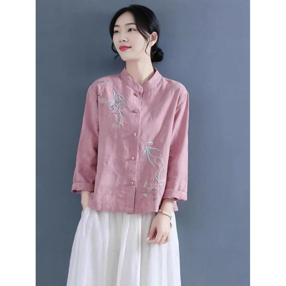 Chinese Style Embroidered Cotton Linen Vintage Shirt