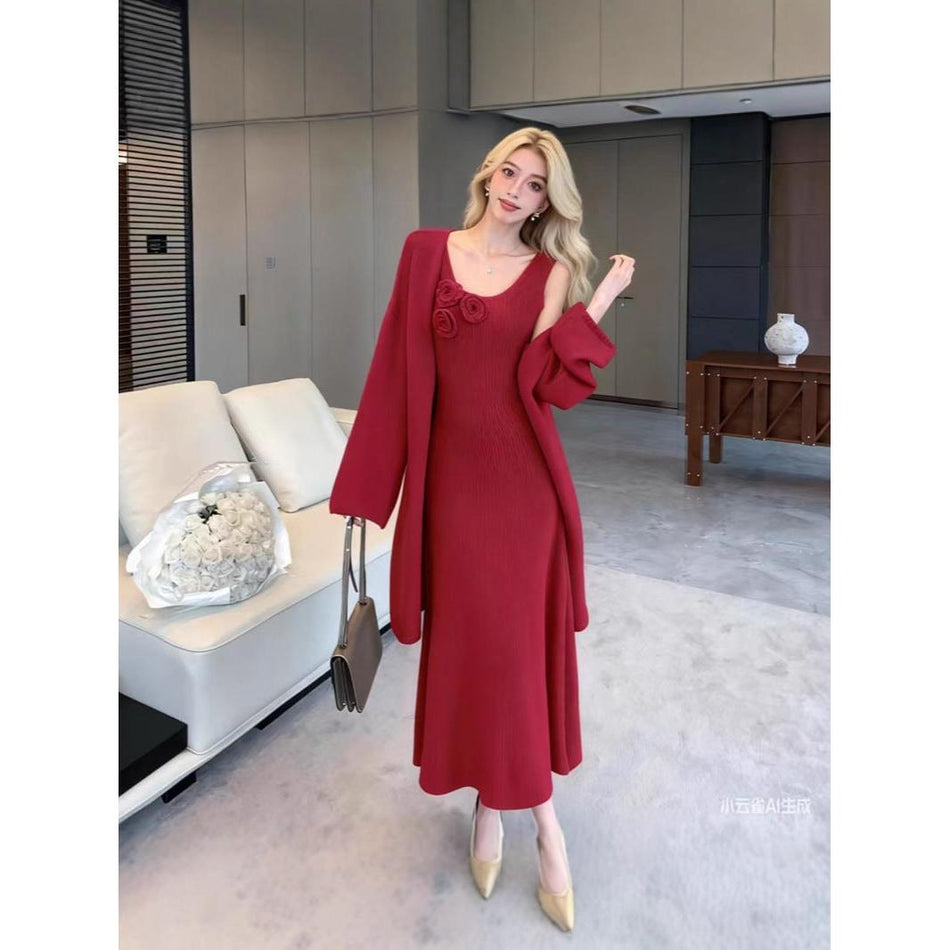French-Style 3D Floral Knit Sweater Dress Set