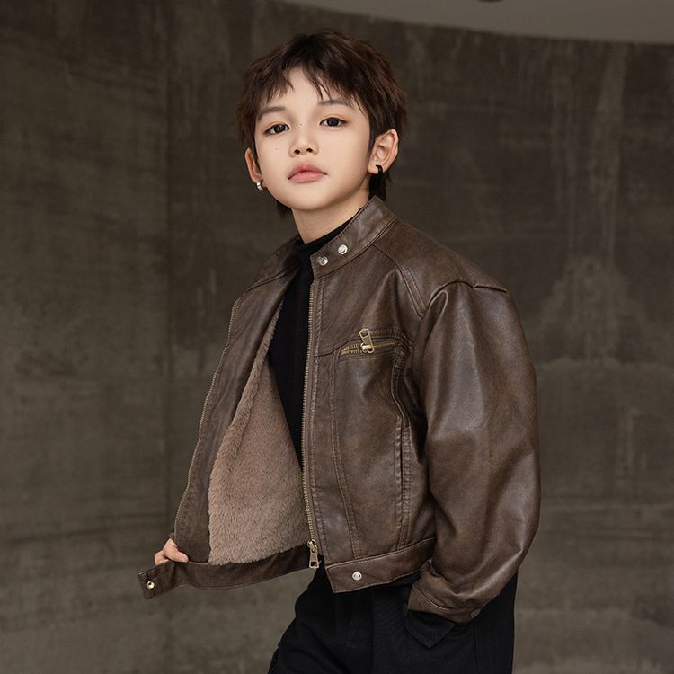 Boys Fleece-Lined Winter Leather Motorcycle Jacket 2025