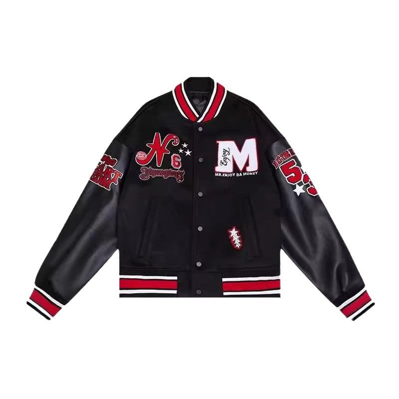 Retro Black & Red Baseball Jacket – Unisex Spring Autumn