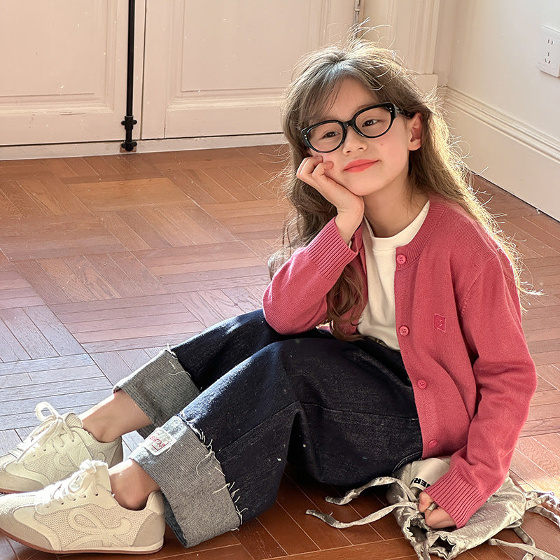 Girls’ Wool Knit Cardigan – Smiley Face Sweater Coat