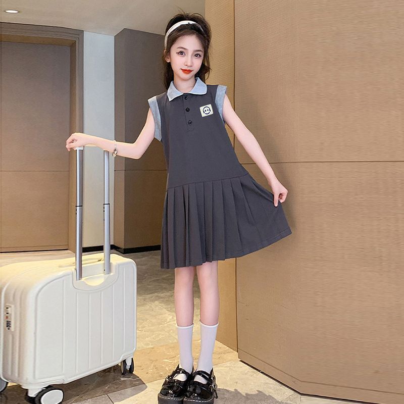 Girls Summer Dress 2025 Preppy Polo Pleated Sleeveless Skirt