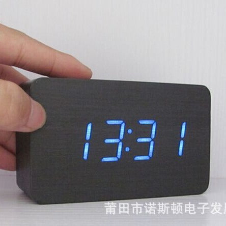 LED Wooden Desk Clock with Temperature & Sound Activation