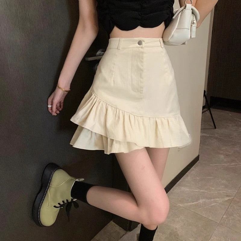 High-Waist Denim Ruffle A-Line Skirt