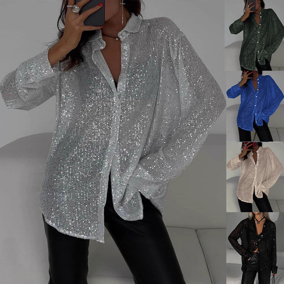Women's Sequined Lapel Long-Sleeve Shirt