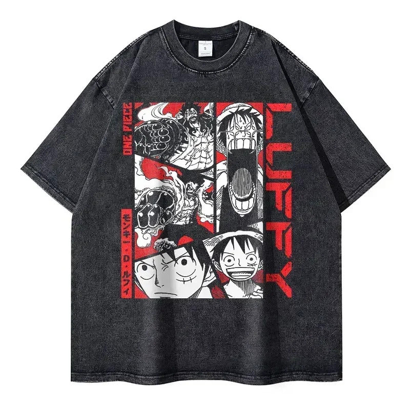 Pure Cotton One Piece Retro Washed Anime Street Style T-Shirt Men