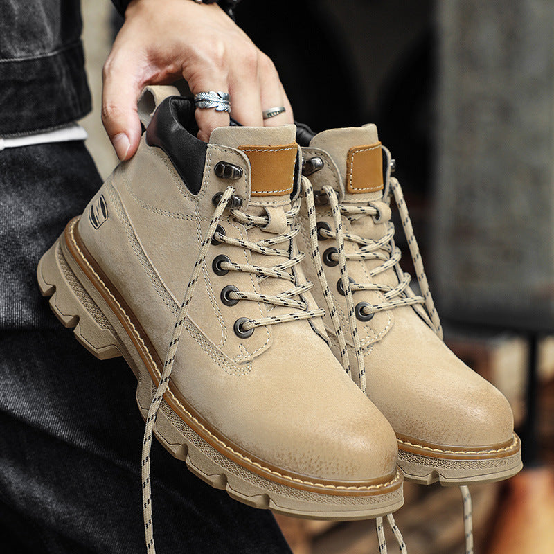 Men’s Genuine Leather Yellow Martin Boots Mid-Top Work Trend