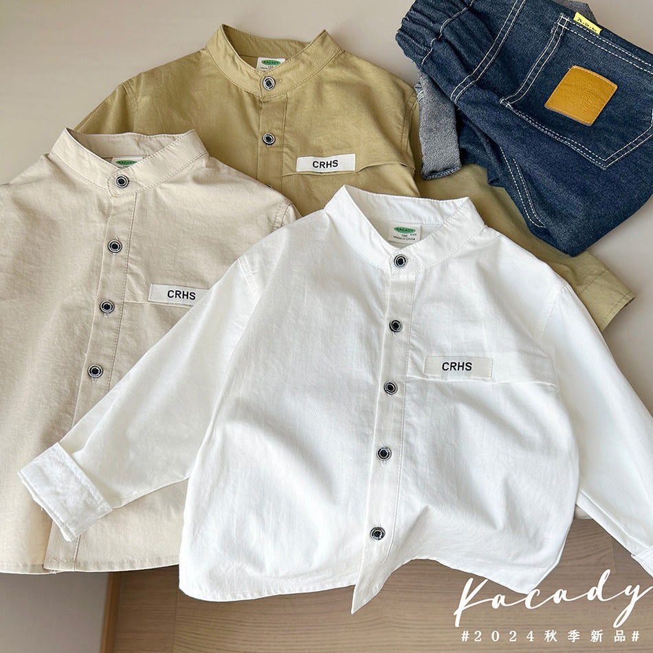 Boys White Cotton Long Sleeve Shirt Stand Collar
