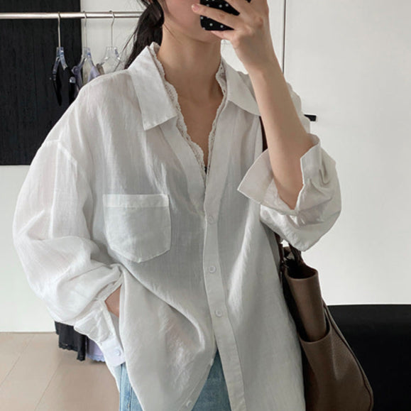 Tencel Ramie V-Neck Lace Shirt – Korean Comfort Wear