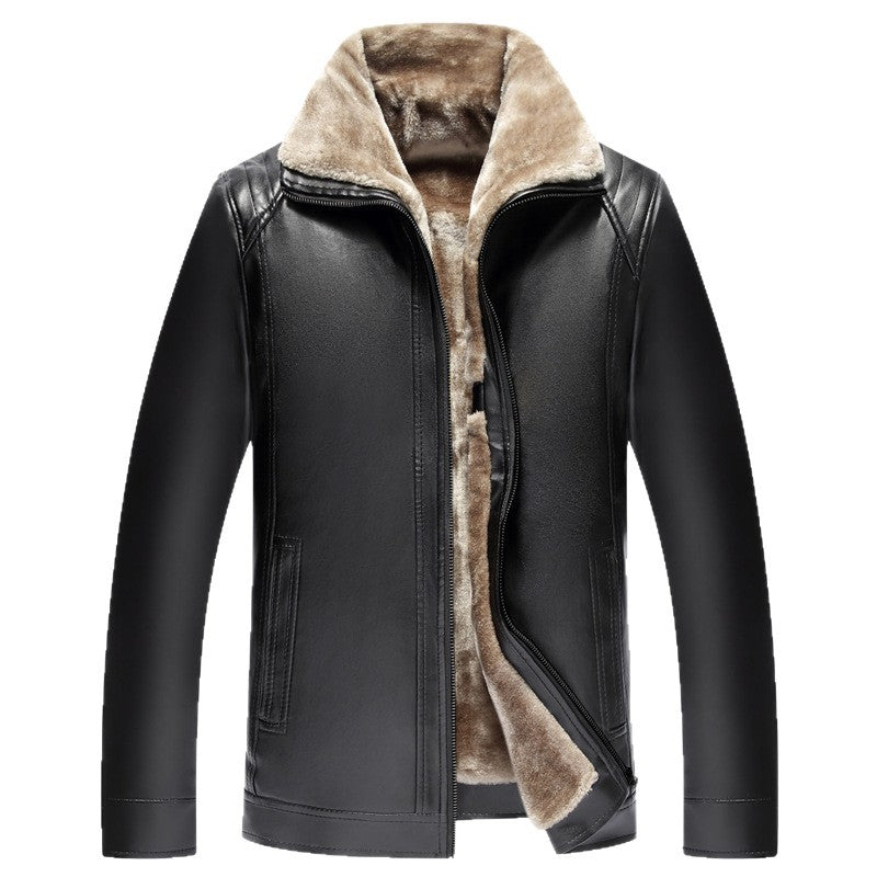 Men’s Autumn-Winter Thickened Fur Leather Jacket Stand-Collar