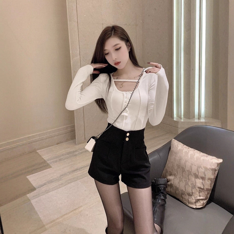 Fleece Lined High Waist Black A Line Winter Shorts