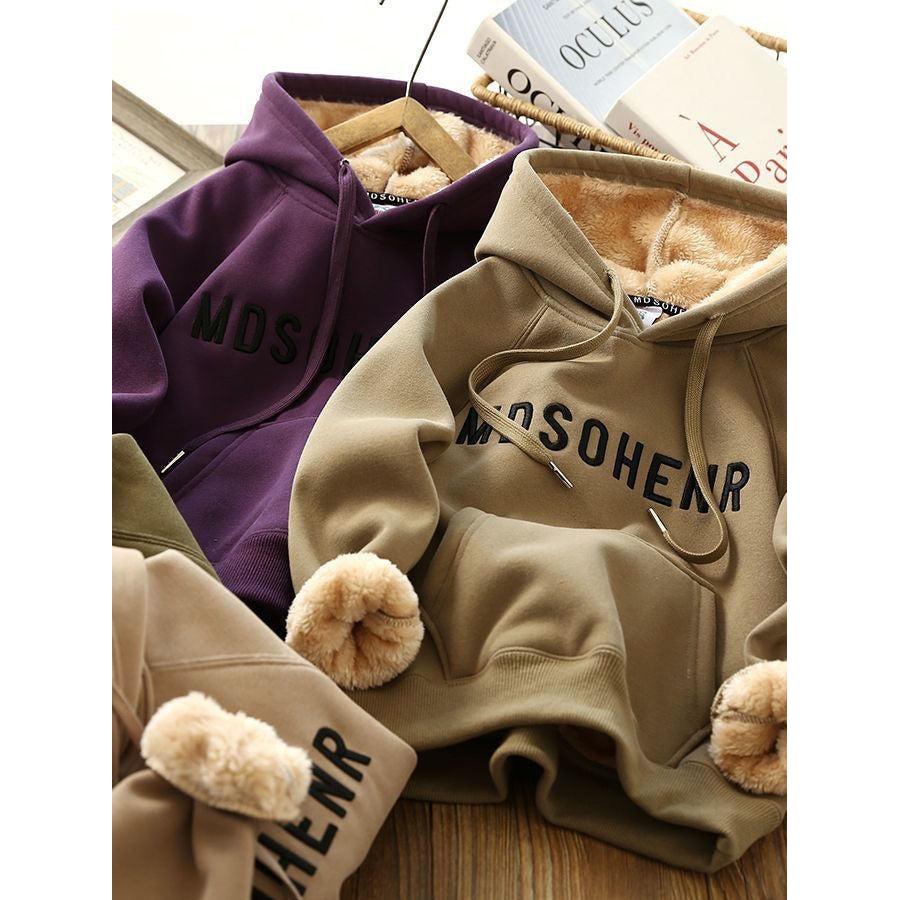 Boys’ Winter Fleece-Lined Hooded Sweater Letter Embroidered Top