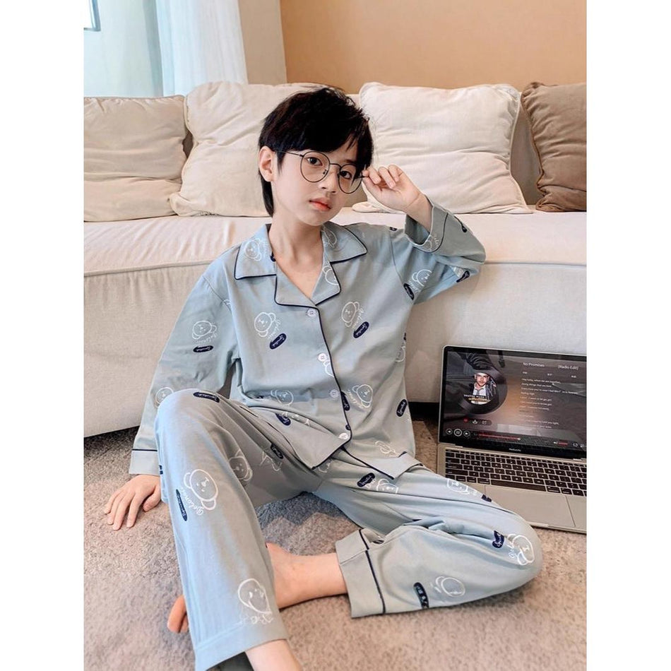 Boys' Cotton Pajamas Spring Autumn Cardigan Long Pants Set.